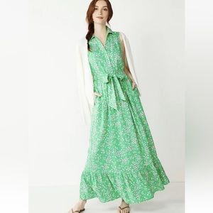 DRAPER JAMES RSVP Button Front Linen Blend Ruffle Hem Green Maxi size x large